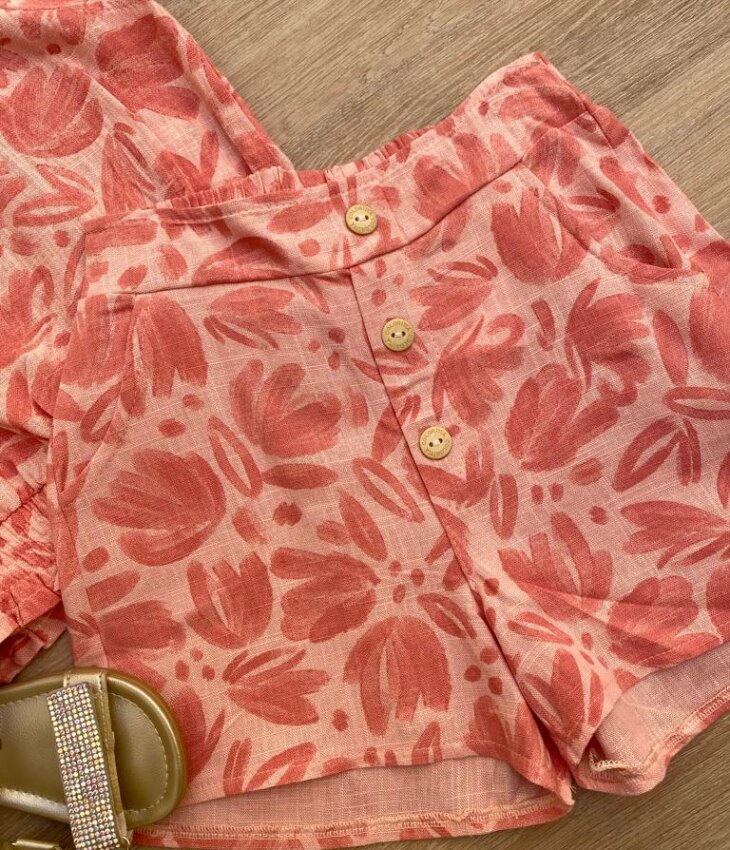 fernandaramoskids com br Conjunto Feminino Infantil Cropped e Short Estampado Salmão2