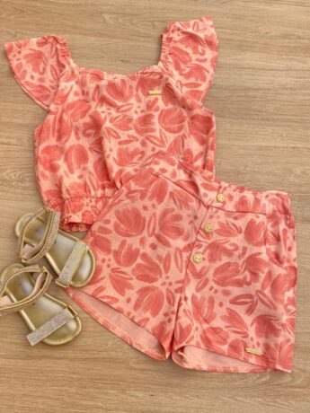 Conjunto Feminino Infantil Cropped e Short Estampado Salmão Fernanda Ramos Kids
