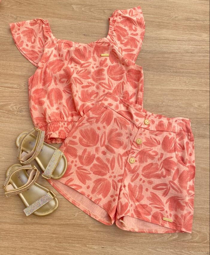 Conjunto Feminino Infantil Cropped e Short Estampado Salmão Fernanda Ramos Kids