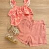 Conjunto Feminino Infantil Cropped Estampado e Short Salmão com Bolsos Fernanda Ramos Kids
