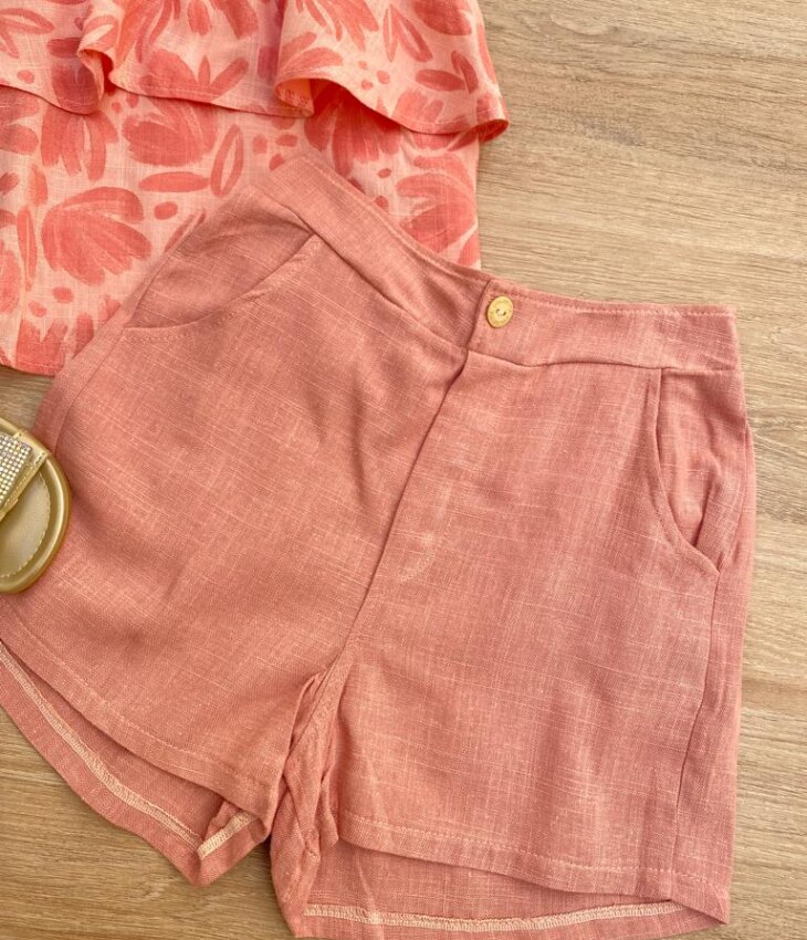 fernandaramoskids com br Conjunto Feminino Infantil Cropped Estampado e Short Salmão com Bolsos2