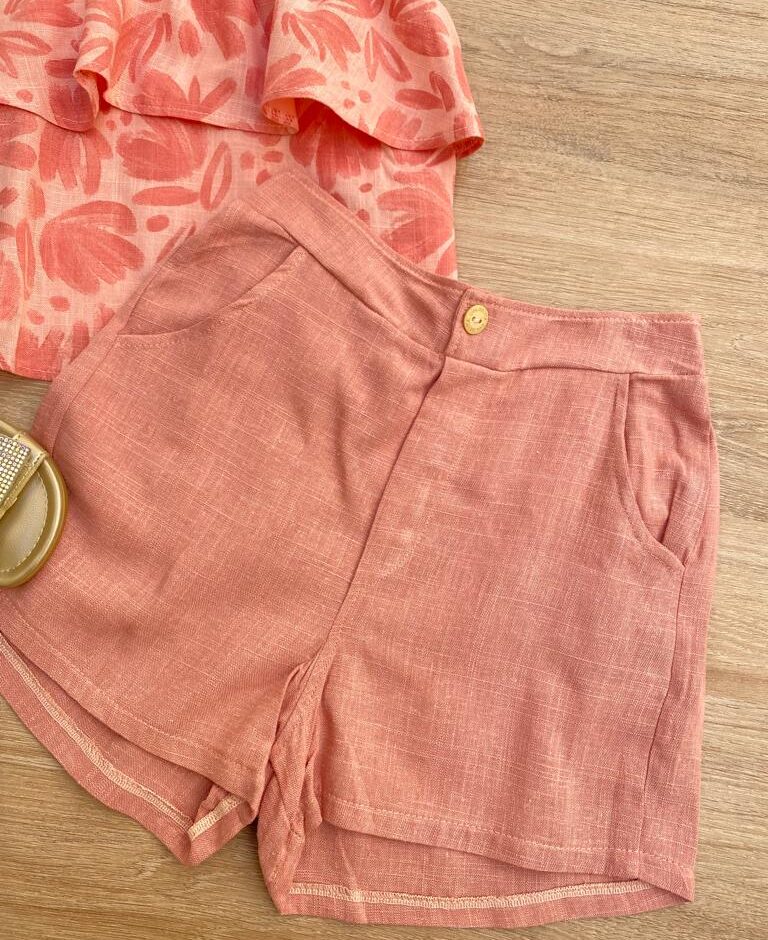 fernandaramoskids com br Conjunto Feminino Infantil Cropped Estampado e Short Salmão com Bolsos2