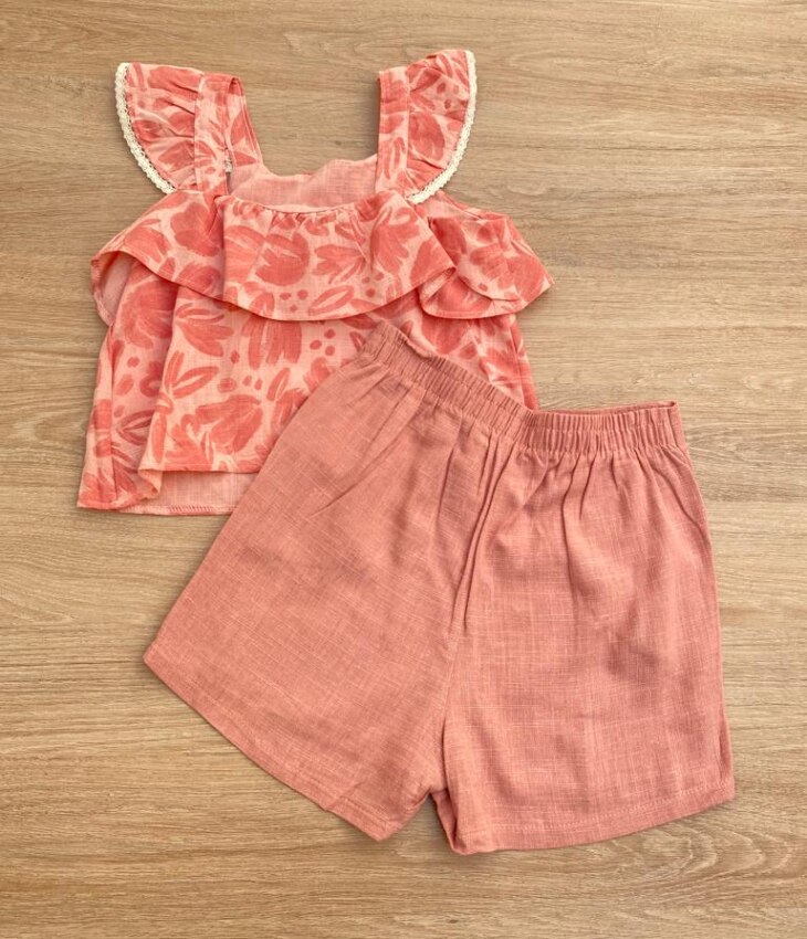 fernandaramoskids com br Conjunto Feminino Infantil Cropped Estampado e Short Salmão com Bolsos3