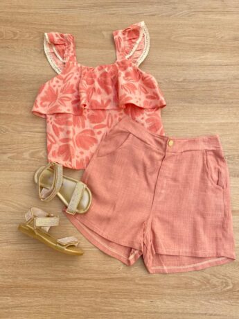 Conjunto Feminino Infantil Cropped Estampado e Short Salmão com Bolsos Fernanda Ramos Kids