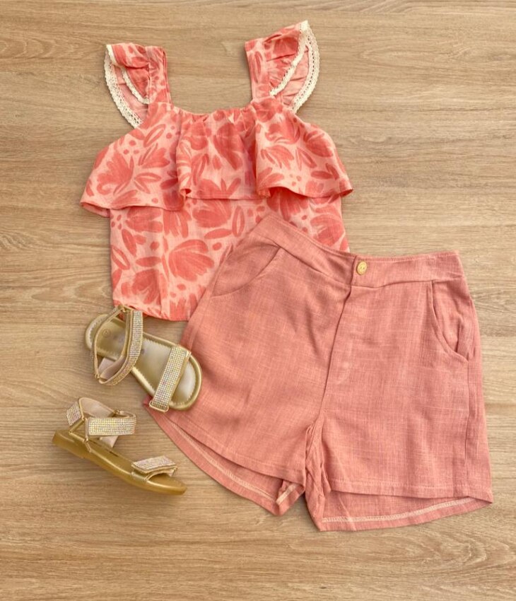 Conjunto Feminino Infantil Cropped Estampado e Short Salmão com Bolsos Fernanda Ramos Kids