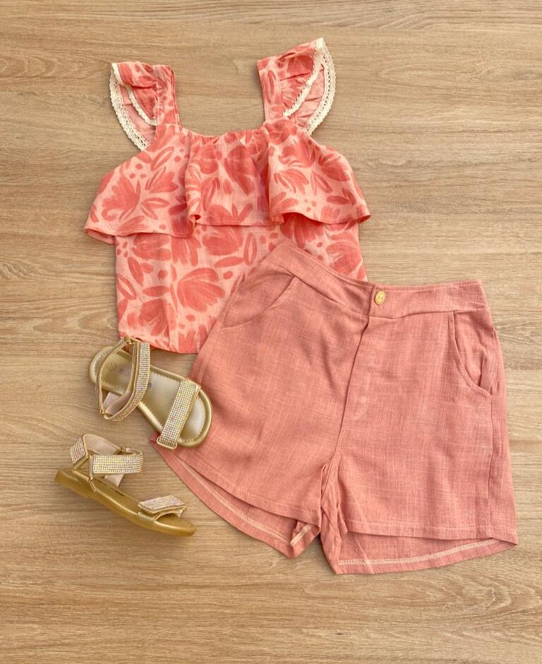 Conjunto Feminino Infantil Cropped Estampado e Short Salmão com Bolsos Fernanda Ramos Kids