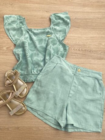 Conjunto Feminino Infantil Cropped Estampado e Short Verde com Bolsos Fernanda Ramos Kids
