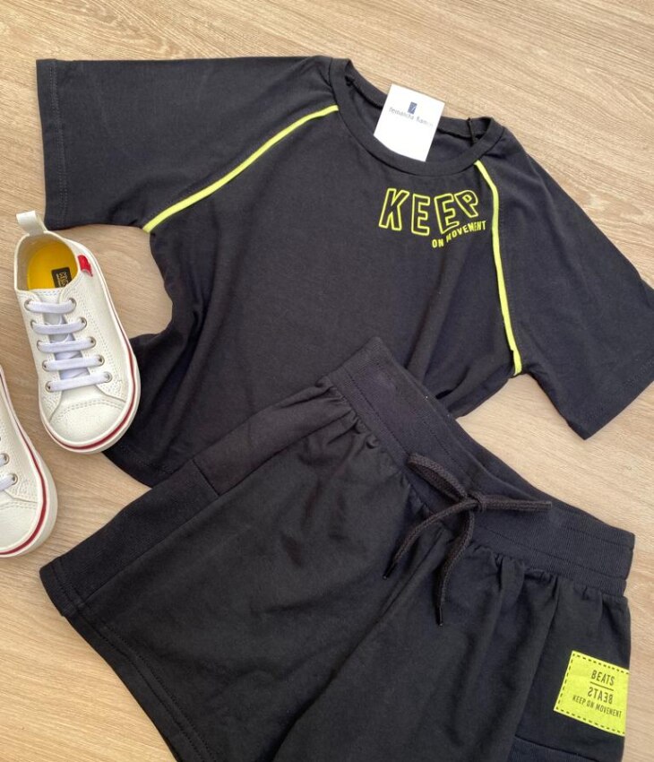 fernandaramosstore com br Conjunto Feminino Juvenil Cropped e Short Preto com Detalhe Verde Lima2