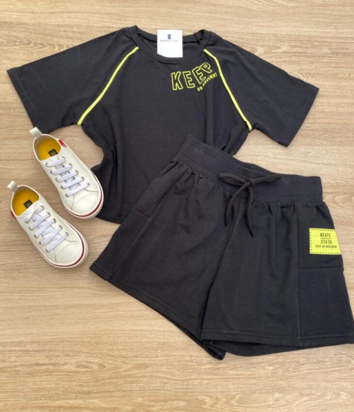 fernandaramosstore_com_br- Conjunto Feminino Juvenil Cropped e Short Preto com Detalhe Verde Lima Fernanda Ramos Kids