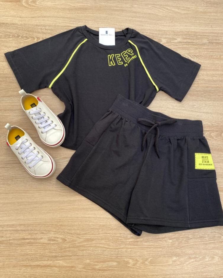fernandaramosstore_com_br- Conjunto Feminino Juvenil Cropped e Short Preto com Detalhe Verde Lima Fernanda Ramos Kids