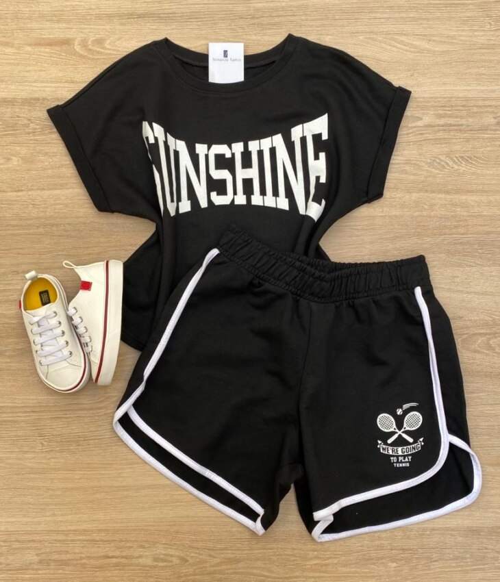 Conjunto Feminino Juvenil Sunshine Blusa e Short Preto Fernanda Ramos Kids