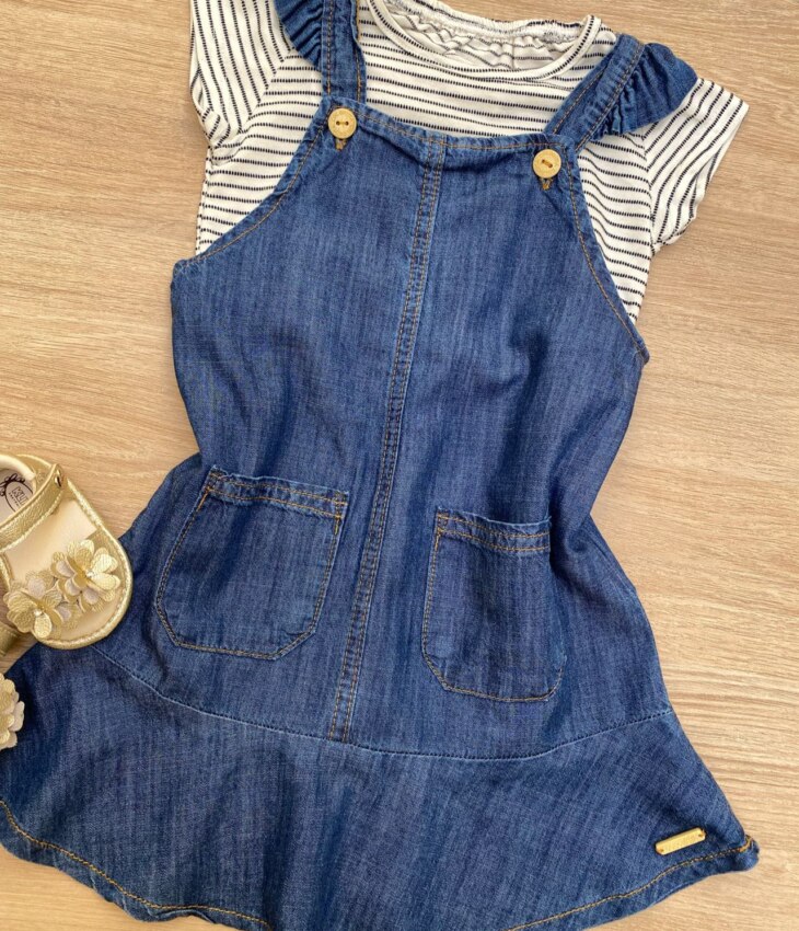 fernandaramoskids com br Conjunto Infantil Feminino Blusa Listrada e Salopete Jeans com Bolsos1