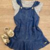 Conjunto Infantil Feminino Blusa Listrada e Salopete Jeans com Bolsos Fernanda Ramos Kids