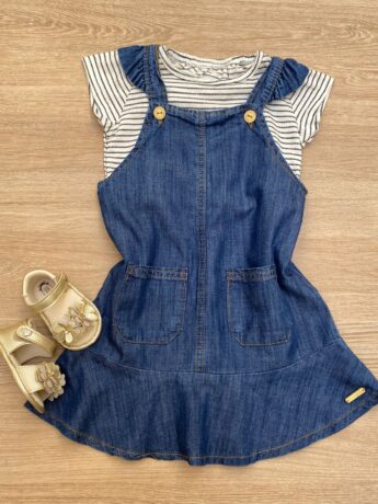 Conjunto Infantil Feminino Blusa Listrada e Salopete Jeans com Bolsos Fernanda Ramos Kids