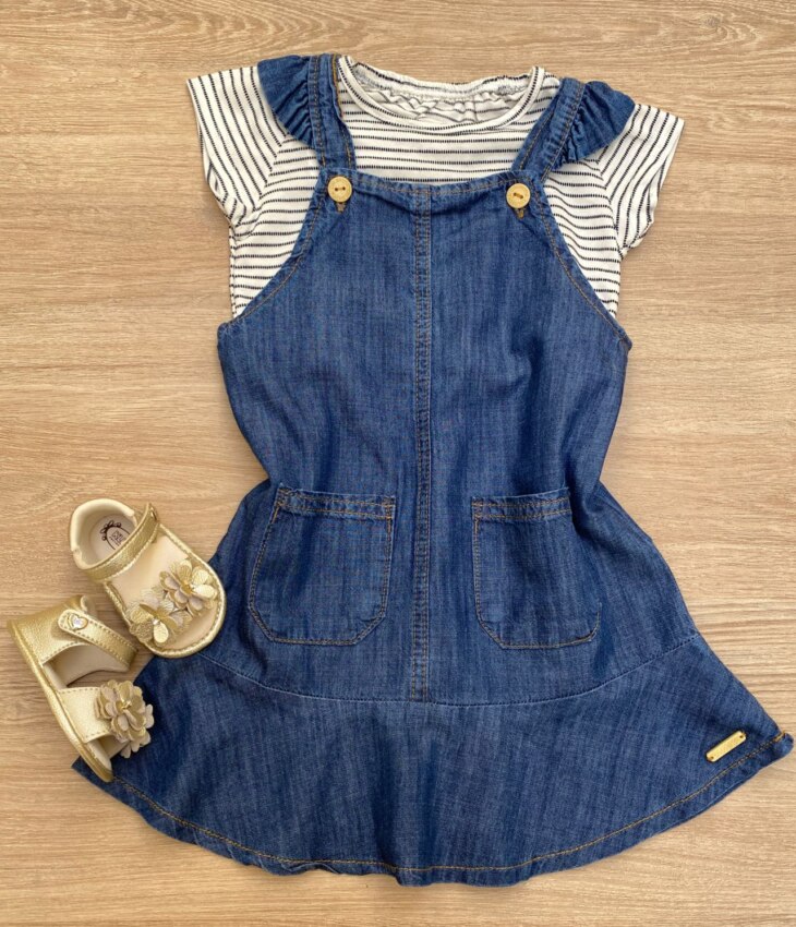 Conjunto Infantil Feminino Blusa Listrada e Salopete Jeans com Bolsos Fernanda Ramos Kids