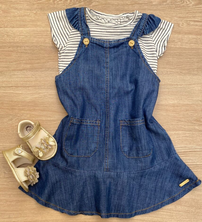 Conjunto Infantil Feminino Blusa Listrada e Salopete Jeans com Bolsos Fernanda Ramos Kids