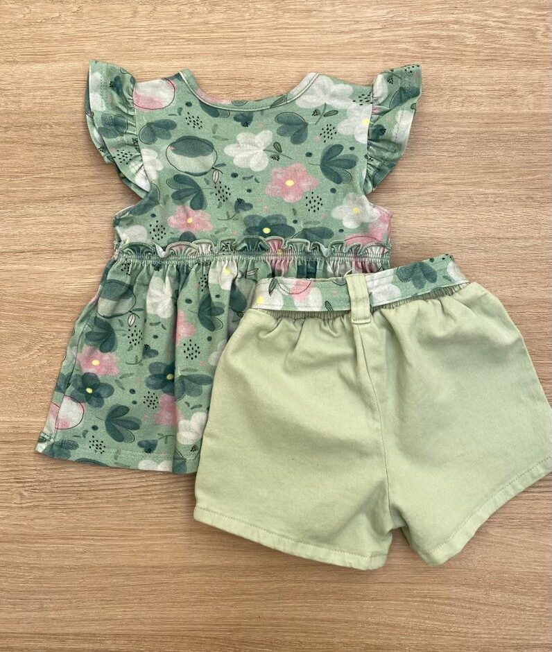 fernandaramoskids com br Conjunto Infantil Feminino Blusa Manga Curta Estampada e Short Verde com Amarração