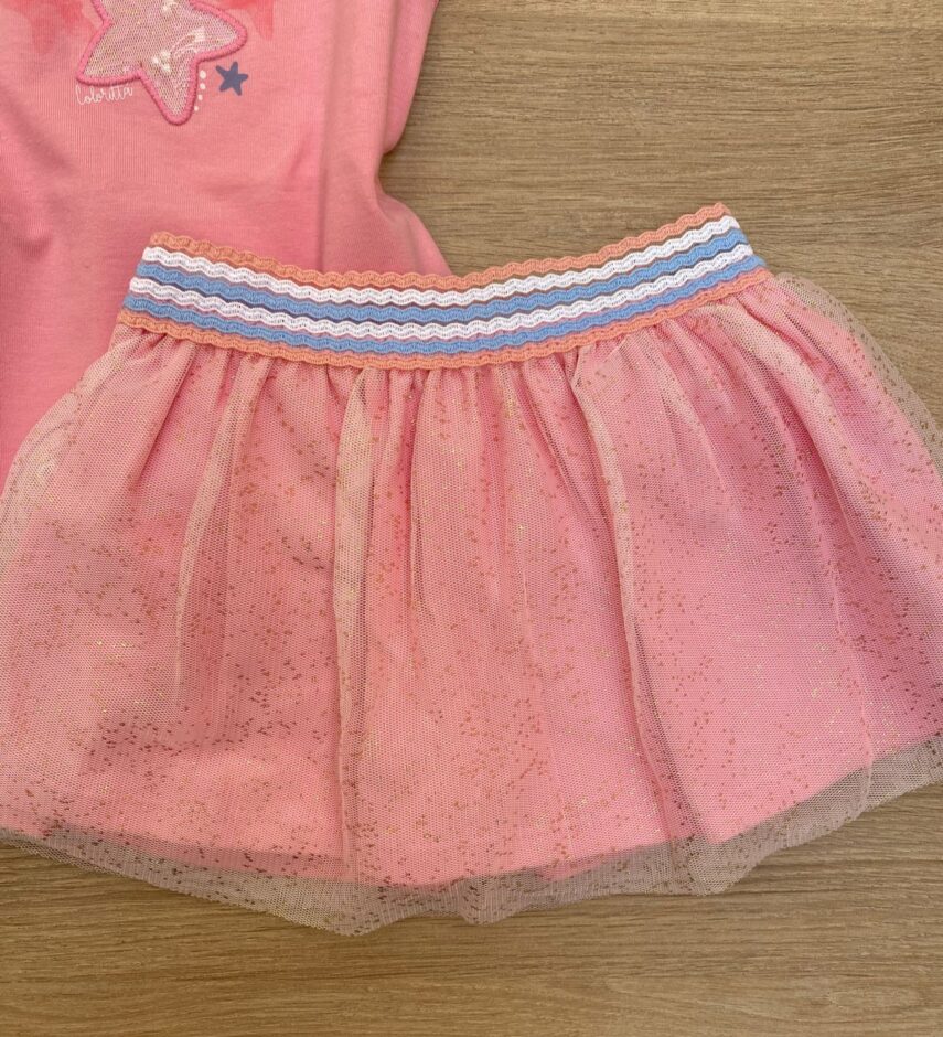 fernandaramoskids com br Conjunto Infantil Feminino Blusa Manga Curta Estrela e Short Saia Rosa2