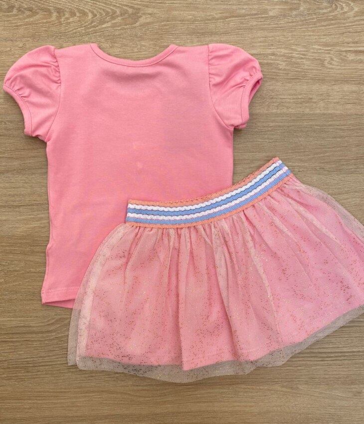 fernandaramoskids com br Conjunto Infantil Feminino Blusa Manga Curta Estrela e Short Saia Rosa3