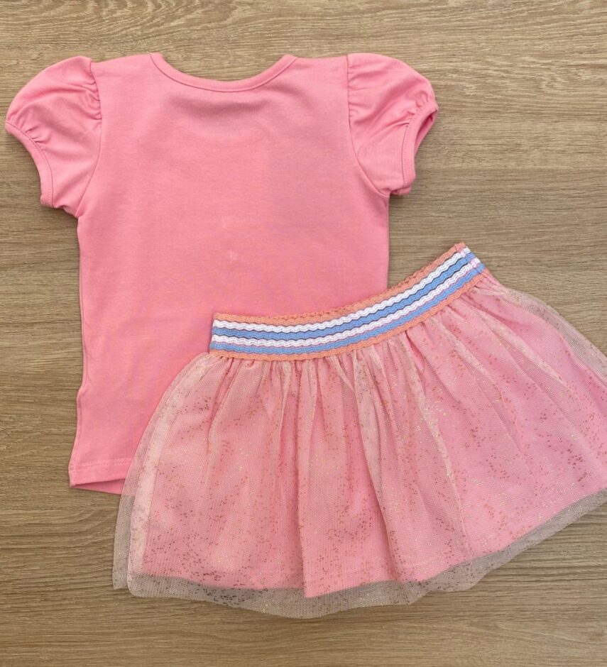 fernandaramoskids com br Conjunto Infantil Feminino Blusa Manga Curta Estrela e Short Saia Rosa3
