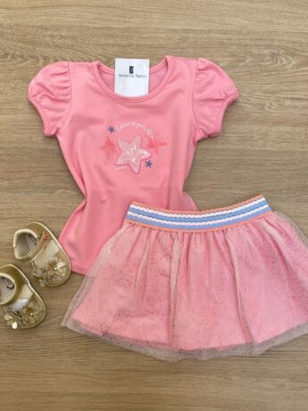 Conjunto Infantil Feminino Blusa Manga Curta Estrela e Short Saia Rosa Fernanda Ramos Kids