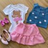 Conjunto Infantil Feminino Body, Colete e Saia Xadrez Rosa Fernanda Ramos Kids