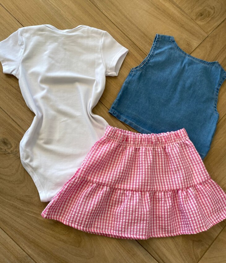 fernandaramoskids com br Conjunto Infantil Feminino Body, Colete e Saia Xadrez Rosa2