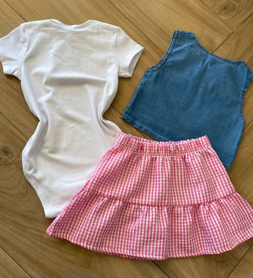fernandaramoskids com br Conjunto Infantil Feminino Body, Colete e Saia Xadrez Rosa2
