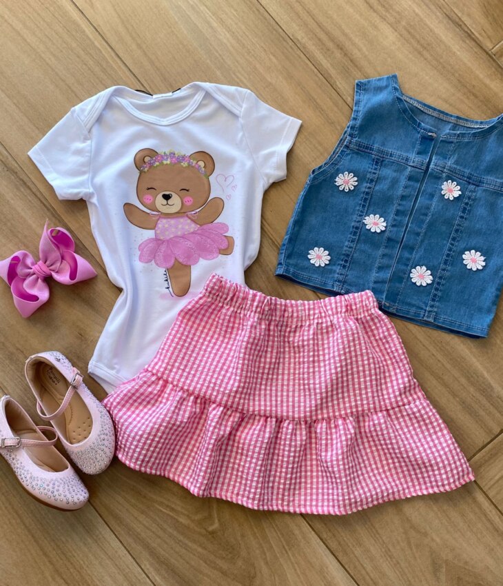 Conjunto Infantil Feminino Body, Colete e Saia Xadrez Rosa Fernanda Ramos Kids