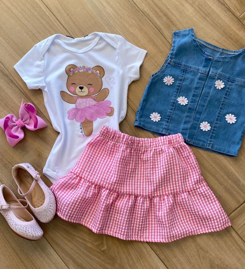 Conjunto Infantil Feminino Body, Colete e Saia Xadrez Rosa Fernanda Ramos Kids