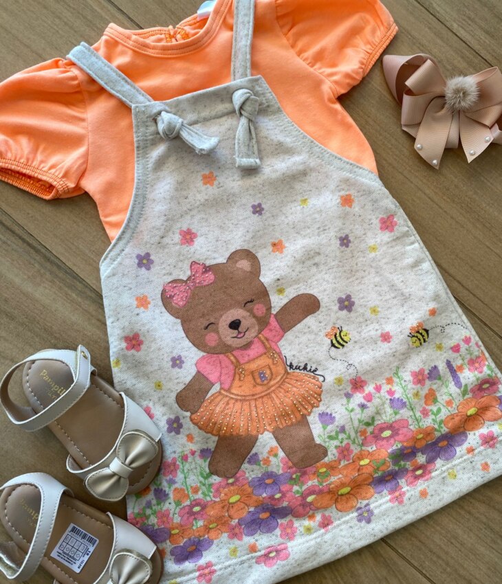 fernandaramoskids com br Conjunto Infantil Feminino Body Laranja Flúor e Salopete Estampada1