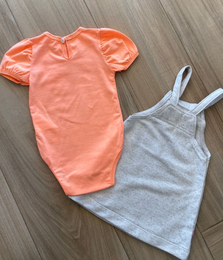 fernandaramoskids com br Conjunto Infantil Feminino Body Laranja Flúor e Salopete Estampada2
