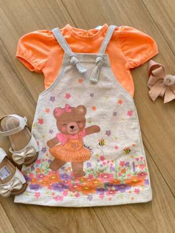 Conjunto Infantil Feminino Body Laranja Flúor e Salopete Estampada Fernanda Ramos Kids