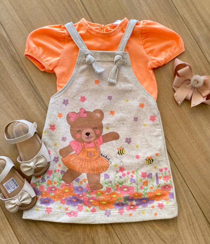 Conjunto Infantil Feminino Body Laranja Flúor e Salopete Estampada Fernanda Ramos Kids