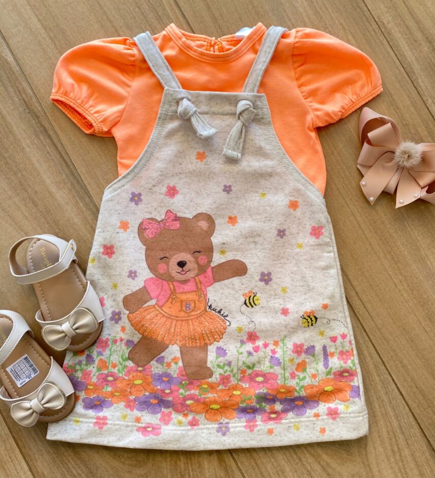 Conjunto Infantil Feminino Body Laranja Flúor e Salopete Estampada Fernanda Ramos Kids