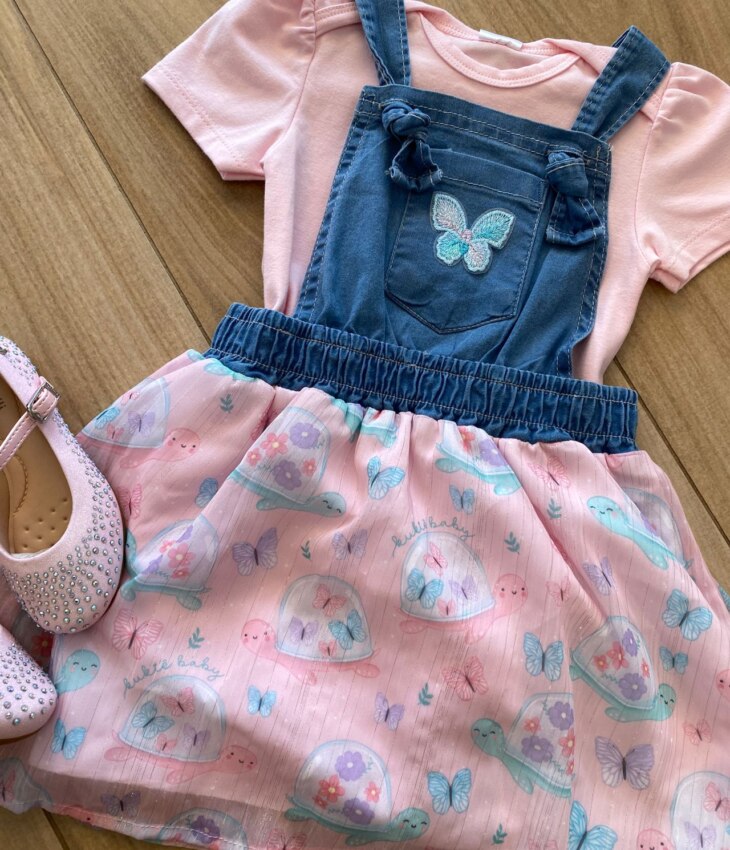 fernandaramoskids com br Conjunto Infantil Feminino Body Rosa e Salopete Estampada2