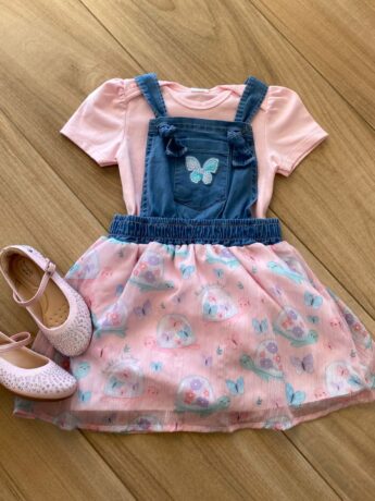 Conjunto Infantil Feminino Body Rosa e Salopete Estampada Fernanda Ramos Kids