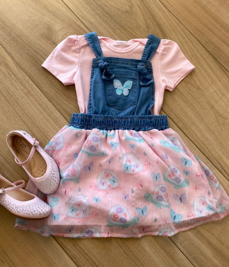 Conjunto Infantil Feminino Body Rosa e Salopete Estampada Fernanda Ramos Kids