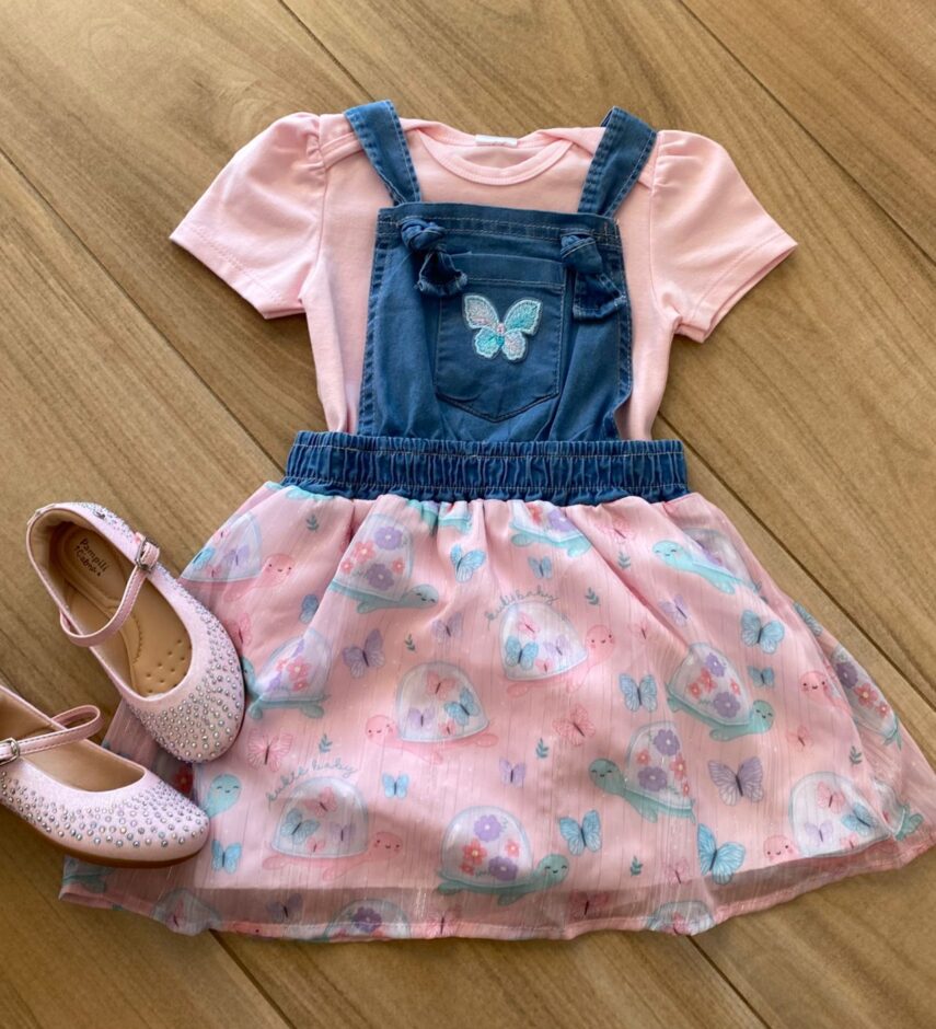 Conjunto Infantil Feminino Body Rosa e Salopete Estampada Fernanda Ramos Kids