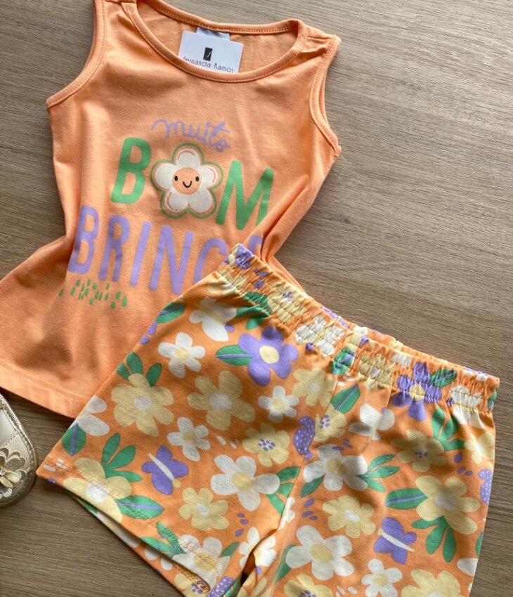 fernandaramoskids com br Conjunto Infantil Feminino Regata Laranja e Short Estampado de Flores1