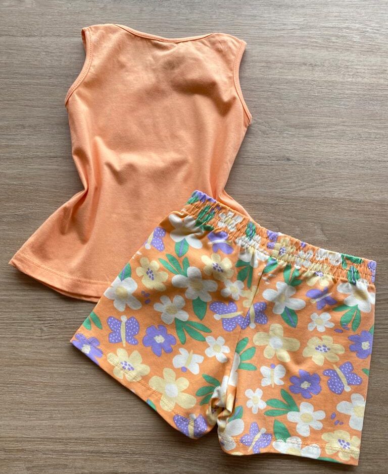 fernandaramoskids com br Conjunto Infantil Feminino Regata Laranja e Short Estampado de Flores2