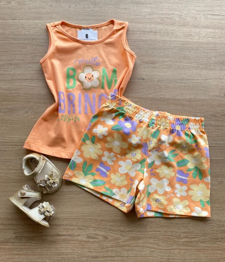 Conjunto Infantil Feminino Regata Laranja e Short Estampado de Flores Fernanda Ramos Kids