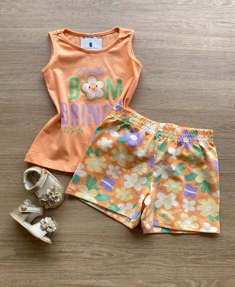 Conjunto Infantil Feminino Regata Laranja e Short Estampado de Flores Fernanda Ramos Kids
