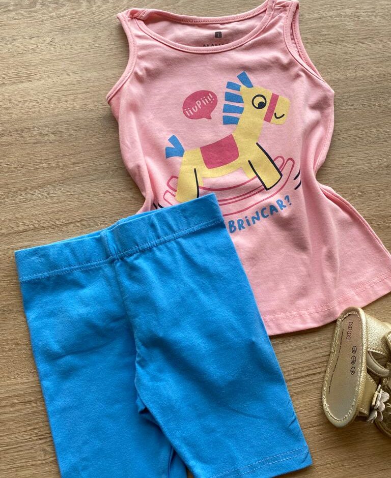 fernandaramoskids com br Conjunto Infantil Feminino Regata Rosa Cavalinho e Bermuda Azul1