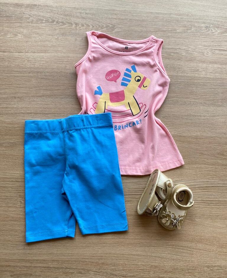 Conjunto Infantil Feminino Regata Rosa Cavalinho e Bermuda Azul Fernanda Ramos Kids