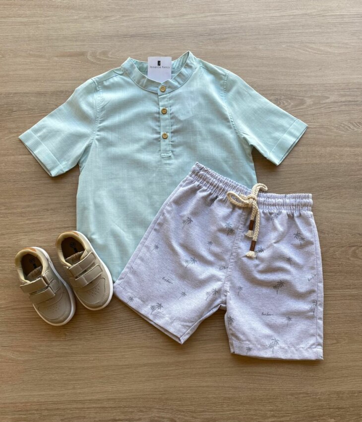 Conjunto Infantil Masculino Camisa Manga Curta Verde Água e Bermuda Fernanda Ramos Kids