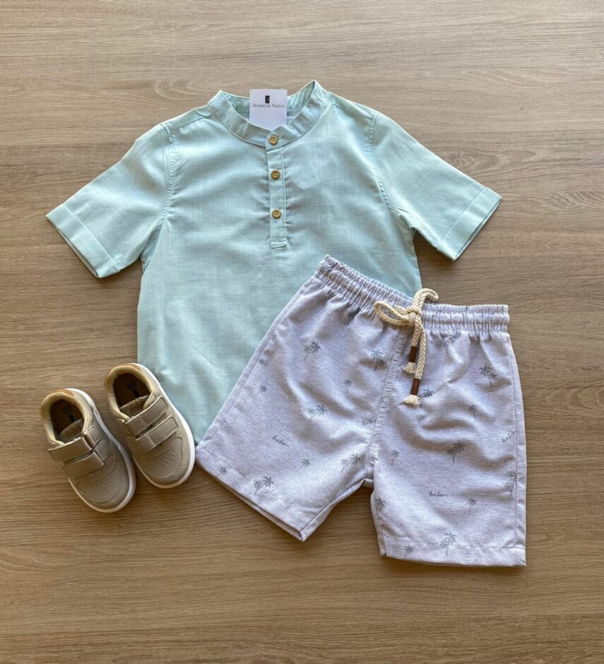 Conjunto Infantil Masculino Camisa Manga Curta Verde Água e Bermuda Fernanda Ramos Kids