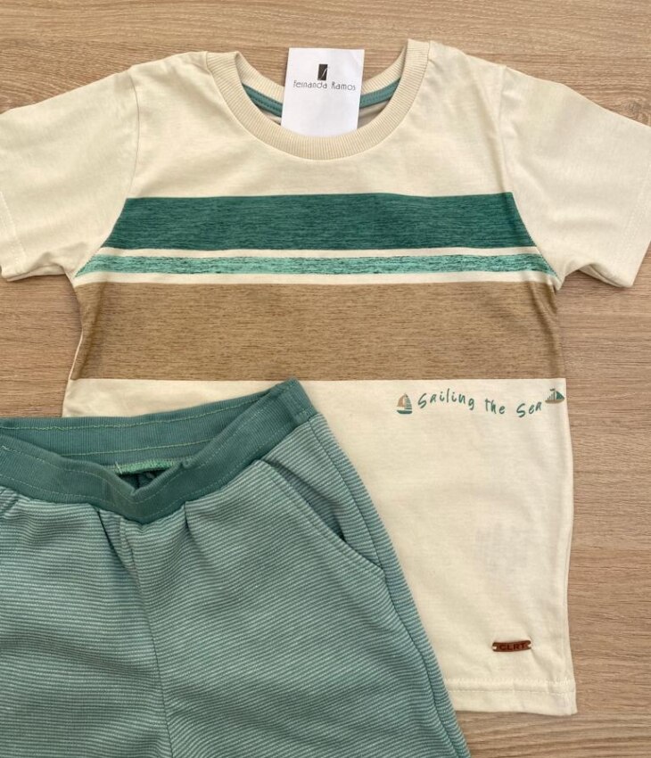 fernandaramoskids com br Conjunto Infantil Masculino Camiseta Bege com Detalhes e Bermuda Listrada3