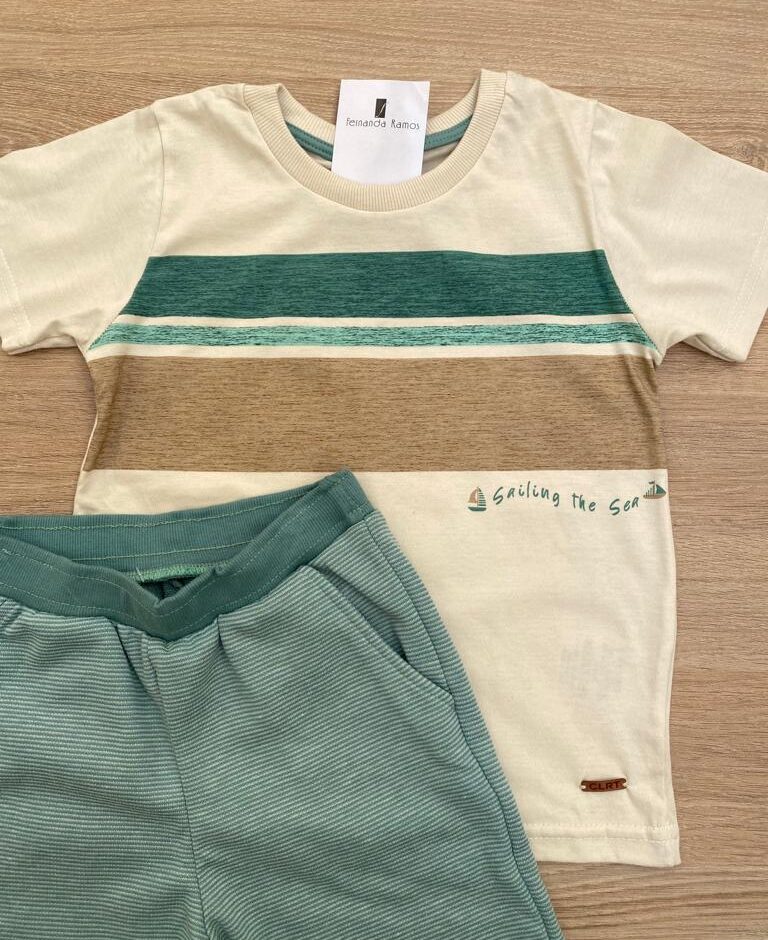 fernandaramoskids com br Conjunto Infantil Masculino Camiseta Bege com Detalhes e Bermuda Listrada3