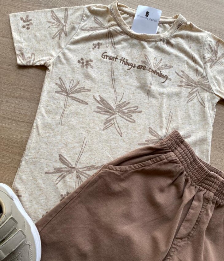 fernandaramoskids com br Conjunto Infantil Masculino Camiseta Bege Mesclada e Bermuda Marrom1